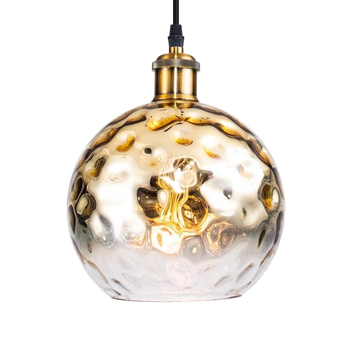 2 Pack Yisuro Modern Brass Globe Pendant Light with Hammered Glass Shade