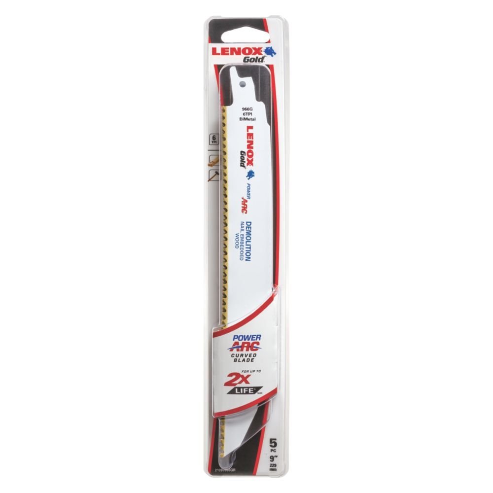 Lenox® 21090966GR Gold® Power Arc Curved Demolition Recip Blade, 6 TPI, 9"