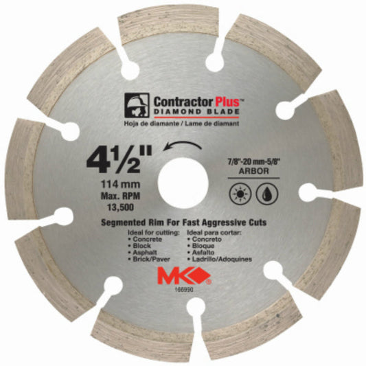 MK Diamond® 166990 Contractor Plus™ Segmented Rim Diamond Blade, 4.5"