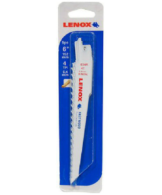 Lenox® 20575634R Wood Cutting Bi-Metal Reciprocating Saw Blade, 4 TPI, 6", 5-Pk