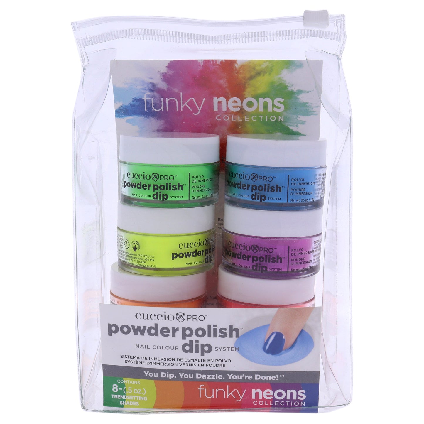 Pro Powder Polish Nail Colour Dip System - Funky Neons by Cuccio Pro for Women - 8 x 0.5 oz Neon Yellow, Neon Green, Neon Orange, Neon Tangerine, Neon Blue, Neon Purple, Neon Red, Neon Pink