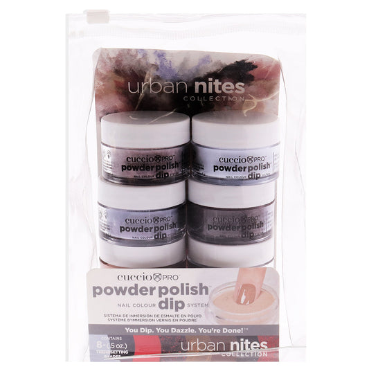 Pro Powder Polish Nail Colour Dip System - Urban Nites by Cuccio Pro for Women - 8 x 0.5 oz Peppermint Pastel Blue, Black Orange, Silver with Baby Pink Glitter, Purple with Red Glitter, Midnight Purple, Brown Sugar, Muted Grape, Dark Red Glitter