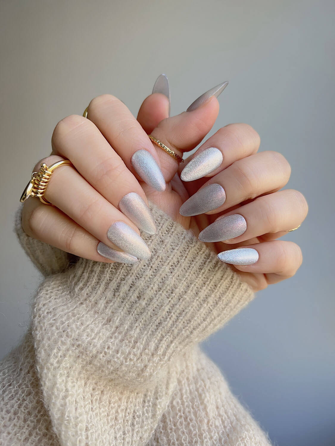 Handmade- Silver White Cat-eye Press On Nail Set