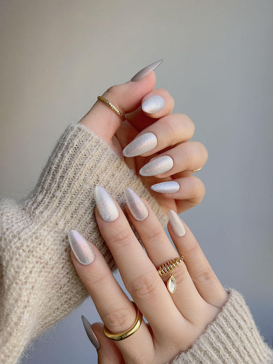 Handmade- Silver White Cat-eye Press On Nail Set